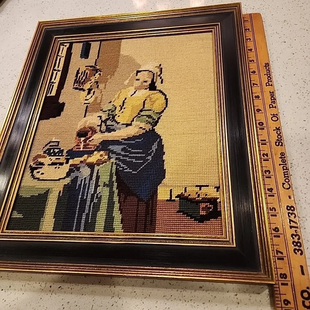 Vintage framed needlepoint reproduction of Rembrandt art Milkmaid 18x15